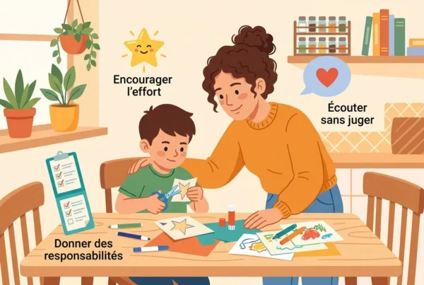 Enfant et adulte dessin&eacute;s lors d&rsquo;un atelier: encouragement, &eacute;coute et responsabilit&eacute;s; &eacute;changes autour des &eacute;motions et de la confiance en soi enfant &eacute;motions.