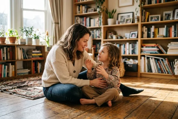 Une maman et sa fille assises par terre, &eacute;change tendre et sourire, dans un salon lumineux avec biblioth&egrave;que et plantes. Confiance en soi enfant &eacute;motions.