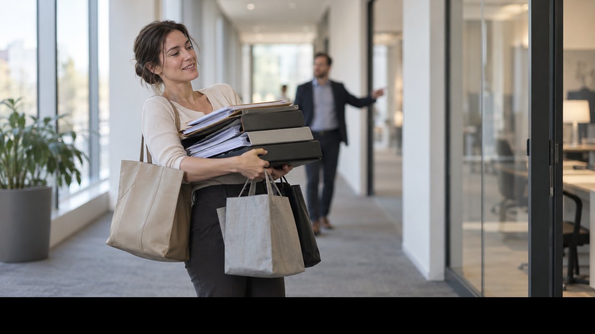 Une femme porte une pile de dossiers et plusieurs sacs qui ne lui appartiennent pas dans un couloir de bureau
