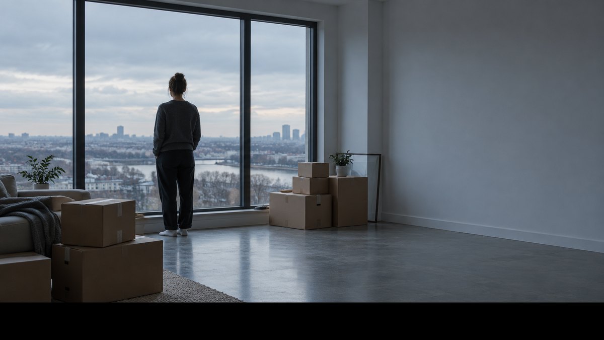 Une personne debout devant une fenêtre dans un appartement en déménagement, cartons au sol