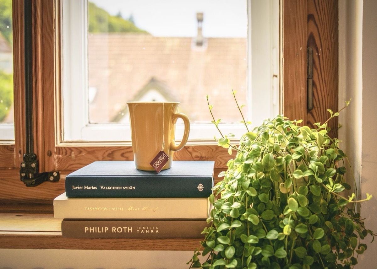Une pile de livres devant une fenêtre